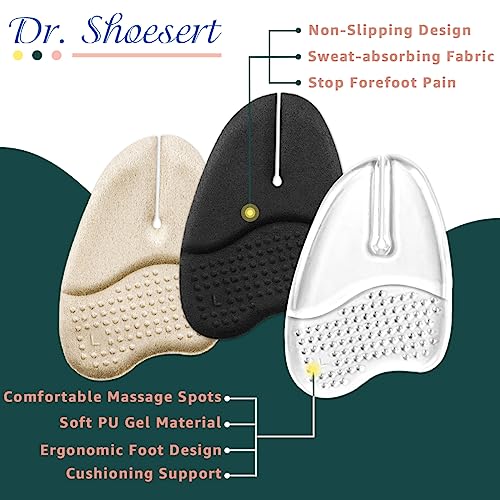 Dr. Shoesert Gel Metatarsal Pads for Flip-Flops Thong Sandals, Ball of Foot Cushion Inserts Relieve All Day Forefoot Pain for Women and Men (Clear - 3 Pairs)