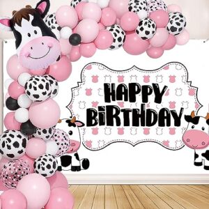 cow balloons garland arch, with pink white cow print balloon animal balloon farm cow birthday party baby shower birthday party decorations