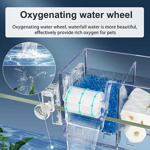 Bluecoco Premium Multi-Layer Aquarium Filter for 5 to 10 Gallon Fish Tanks: Oxygenating Water Wheel, Low-Noise Operation, Dual-Sided Suspension, Transparent & Durable (Small)