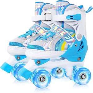 nattork girls roller skates for kids toddler, 4 size adjustable rainbow quad skates with light up 8 wheels,gift for boys kids beginners indoor outdoor blue s