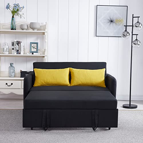 Loveseat Sofa with Pull Out Bed, Convertible Sleeper Sofa Bed with USB Ports and Side Pockets, Casual Sofa for Two People, Adjustable Backrest, and 2 Lumbar Pillows for Living Room, Apartment (Black)