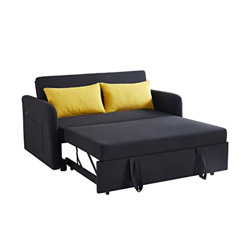 Loveseat Sofa with Pull Out Bed, Convertible Sleeper Sofa Bed with USB Ports and Side Pockets, Casual Sofa for Two People, Adjustable Backrest, and 2 Lumbar Pillows for Living Room, Apartment (Black)