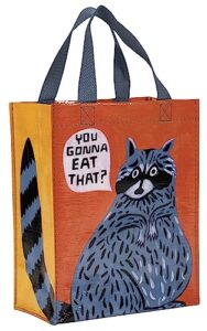 blue q you gonna eat that? handy tote from reusable lunch bag, little tote, gift bag, easy-to-wipe-clean, 95% recycled material, 10" h x 8.5" w x 4.5" d
