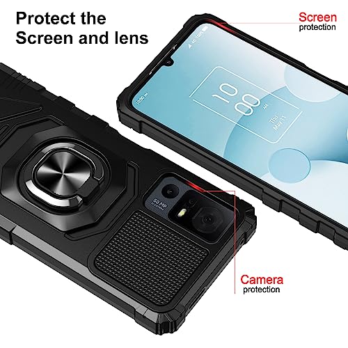 for TCL 40 XL Case/TCL 40 T Case with Screen Protector,TCL 40XL Phone Case Magnetic Car Ring Stand, Frosted PC Back Soft Silicone Bumper Heavy Duty Shockproof Phone Case Cover for TCL 40T/40 XL Black