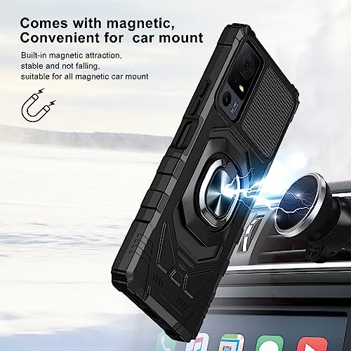 for TCL 40 XL Case/TCL 40 T Case with Screen Protector,TCL 40XL Phone Case Magnetic Car Ring Stand, Frosted PC Back Soft Silicone Bumper Heavy Duty Shockproof Phone Case Cover for TCL 40T/40 XL Black