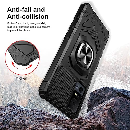 for TCL 40 XL Case/TCL 40 T Case with Screen Protector,TCL 40XL Phone Case Magnetic Car Ring Stand, Frosted PC Back Soft Silicone Bumper Heavy Duty Shockproof Phone Case Cover for TCL 40T/40 XL Black