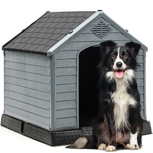 yitahome 34.5'' large plastic dog house outdoor indoor doghouse puppy shelter water resistant easy assembly sturdy dog kennel with air vents and elevated floor (34.5''l*31''w*32''h, black+gray)