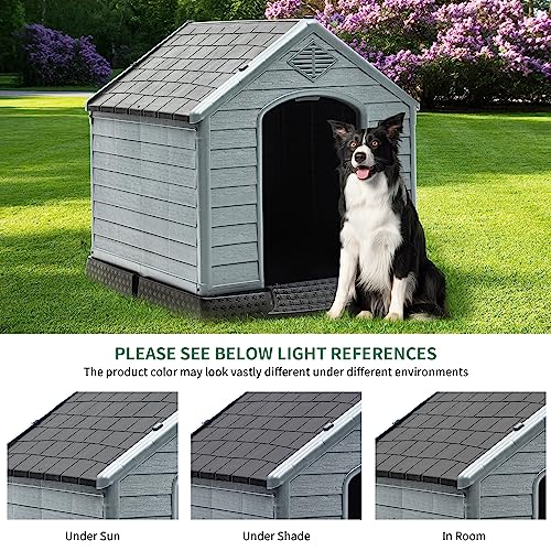 YITAHOME 34.5'' Large Plastic Dog House Outdoor Indoor Doghouse Puppy Shelter Water Resistant Easy Assembly Sturdy Dog Kennel with Air Vents and Elevated Floor (34.5''L*31''W*32''H, Black+Gray)