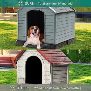 YITAHOME 34.5'' Large Plastic Dog House Outdoor Indoor Doghouse Puppy Shelter Water Resistant Easy Assembly Sturdy Dog Kennel with Air Vents and Elevated Floor (34.5''L*31''W*32''H, Black+Gray)