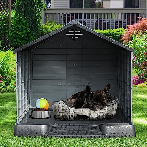 YITAHOME 34.5'' Large Plastic Dog House Outdoor Indoor Doghouse Puppy Shelter Water Resistant Easy Assembly Sturdy Dog Kennel with Air Vents and Elevated Floor (34.5''L*31''W*32''H, Black+Gray)