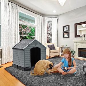 YITAHOME 34.5'' Large Plastic Dog House Outdoor Indoor Doghouse Puppy Shelter Water Resistant Easy Assembly Sturdy Dog Kennel with Air Vents and Elevated Floor (34.5''L*31''W*32''H, Black+Gray)