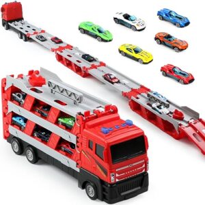 melyis toy trucks with 64-inch ejection race track, catapulting racing track with 6 cars, kid’s cool folding truck toy, cars storage and transporter toy truck for 4 5 6 7 8 9 years old boys and girls