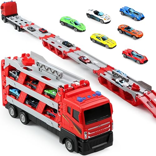 Melyis Toy Trucks with 64-Inch Ejection Race Track, Catapulting Racing Track with 6 Cars, Kid’s Cool Folding Truck Toy, Cars Storage and Transporter Toy Truck for 4 5 6 7 8 9 Years Old Boys and Girls