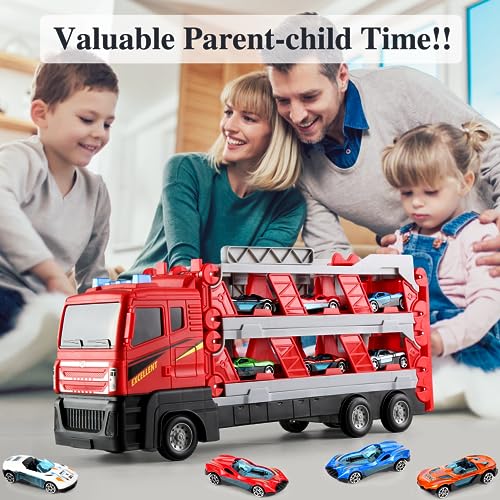 Melyis Toy Trucks with 64-Inch Ejection Race Track, Catapulting Racing Track with 6 Cars, Kid’s Cool Folding Truck Toy, Cars Storage and Transporter Toy Truck for 4 5 6 7 8 9 Years Old Boys and Girls