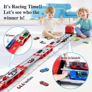 Melyis Toy Trucks with 64-Inch Ejection Race Track, Catapulting Racing Track with 6 Cars, Kid’s Cool Folding Truck Toy, Cars Storage and Transporter Toy Truck for 4 5 6 7 8 9 Years Old Boys and Girls