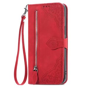 ONV Wallet Case for Oppo A92 / Oppo A72 / Oppo A52 - with Zipper Wrist Strap Emboss Flower Flip Phone Case Card Slot Magnet Leather Shell Flip Stand Cover for Oppo A92 / Oppo A72 / Oppo A52[SZY] -Red