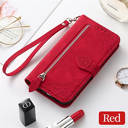 ONV Wallet Case for Oppo A92 / Oppo A72 / Oppo A52 - with Zipper Wrist Strap Emboss Flower Flip Phone Case Card Slot Magnet Leather Shell Flip Stand Cover for Oppo A92 / Oppo A72 / Oppo A52[SZY] -Red