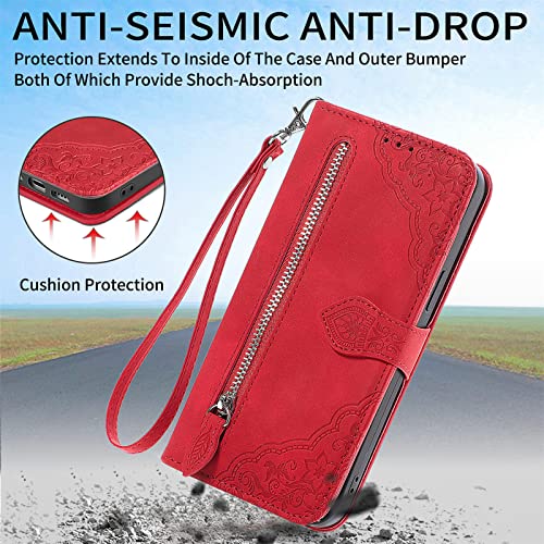 ONV Wallet Case for Oppo A92 / Oppo A72 / Oppo A52 - with Zipper Wrist Strap Emboss Flower Flip Phone Case Card Slot Magnet Leather Shell Flip Stand Cover for Oppo A92 / Oppo A72 / Oppo A52[SZY] -Red