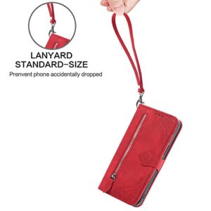 ONV Wallet Case for Oppo A92 / Oppo A72 / Oppo A52 - with Zipper Wrist Strap Emboss Flower Flip Phone Case Card Slot Magnet Leather Shell Flip Stand Cover for Oppo A92 / Oppo A72 / Oppo A52[SZY] -Red