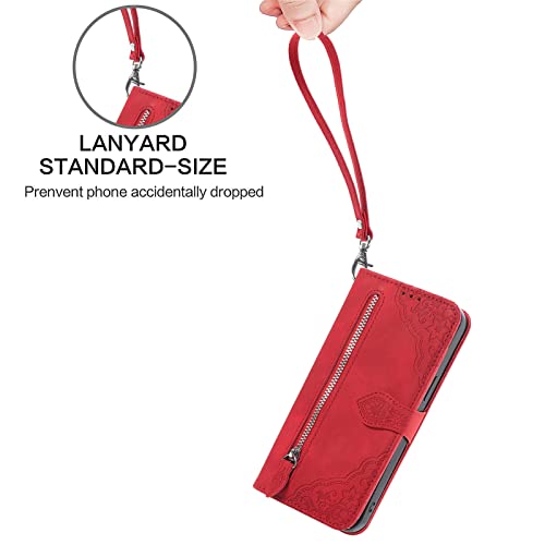 ONV Wallet Case for Oppo A92 / Oppo A72 / Oppo A52 - with Zipper Wrist Strap Emboss Flower Flip Phone Case Card Slot Magnet Leather Shell Flip Stand Cover for Oppo A92 / Oppo A72 / Oppo A52[SZY] -Red