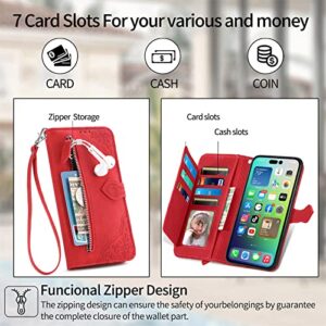 ONV Wallet Case for Oppo A92 / Oppo A72 / Oppo A52 - with Zipper Wrist Strap Emboss Flower Flip Phone Case Card Slot Magnet Leather Shell Flip Stand Cover for Oppo A92 / Oppo A72 / Oppo A52[SZY] -Red
