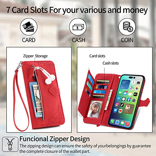 ONV Wallet Case for Oppo A92 / Oppo A72 / Oppo A52 - with Zipper Wrist Strap Emboss Flower Flip Phone Case Card Slot Magnet Leather Shell Flip Stand Cover for Oppo A92 / Oppo A72 / Oppo A52[SZY] -Red