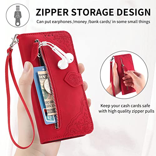 ONV Wallet Case for Oppo A92 / Oppo A72 / Oppo A52 - with Zipper Wrist Strap Emboss Flower Flip Phone Case Card Slot Magnet Leather Shell Flip Stand Cover for Oppo A92 / Oppo A72 / Oppo A52[SZY] -Red