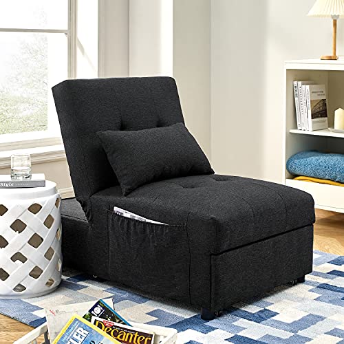 Modern Sofa Bed, 4 in 1 Multi Function Folding Ottoman Sleeper Bed, Convertible Sleeper Chaise, Lounge Chair, Chair Adjustable Backrest Sleeper Couch Bed for Living Room Small Room Apartment (Black)