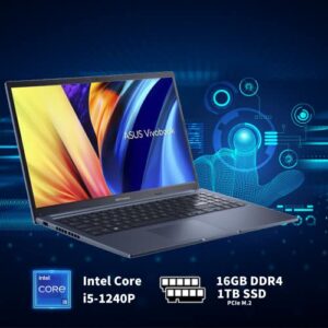 ASUS 2022 VivoBook 15 Laptop, 15.6" FHD Display, Intel Core i5-1240P, Backlit Keyboard, Fingerprint Reader, Intel Iris Xe Graphics,HDMI, Win 11 Pro, Blue, 32GB Snowbell USB Card(16GB RAM|1TB SSD)