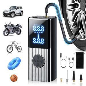 air compressor, enjoynest portable tire inflator air pump for car tires (real 9000mah &150psi) faster + powerful + enduring car accessories with digital screen for cars, bike, inflatables, balloons