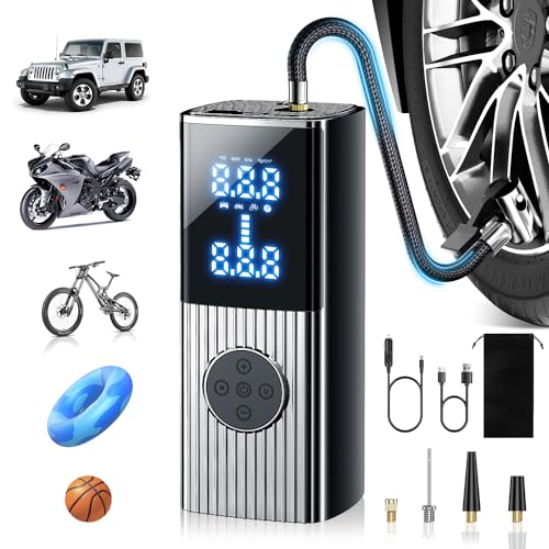 Air Compressor, EnjoyNest Portable Tire Inflator Air Pump for Car Tires (Real 9000mAh &150PSI) Faster + Powerful + Enduring Car Accessories with Digital Screen for Cars, Bike, Inflatables, Balloons