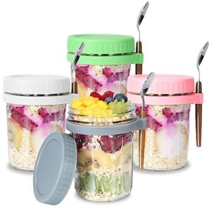hyaniteq overnight oats jar overnight oats container with lid and spoon set of 4,12 oz wide mouth mason jars with lid for cereal large airtight capacity jar portable breakfast container