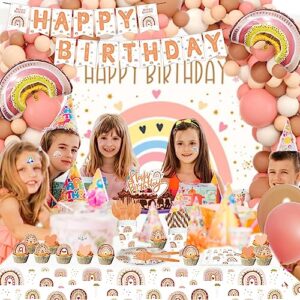 263Pcs Boho Rainbow Birthday Decorations, Boho Rainbow Birthday Party Supplies, Bohemian Birthday Party Decorations, Include Banner, Cake & Cupcake Topper, Backdrop, Tablewares, Balloon and Stickers