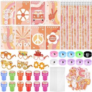 honoson 122 pcs groovy party favors retro hippie stationery set classroom reward prizes notepads pencils badges sharpeners glasses stickers gift bags for kids boho birthday two groovy party supplies