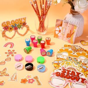 Honoson 122 Pcs Groovy Party Favors Retro Hippie Stationery Set Classroom Reward Prizes Notepads Pencils Badges Sharpeners Glasses Stickers Gift Bags for Kids Boho Birthday Two Groovy Party Supplies