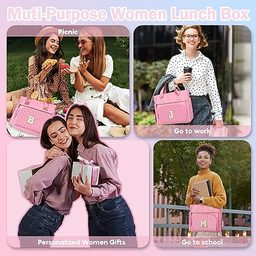 QLOVEA Lunch Bag Women - Insulated Wetproof Lunch Tote Bag - Personalized Gifts for Women, Large Lunch Box with Muti-Pockets and Adjustable Strap - Reusable Lunch Box Ideal for Work Picnics Letter M