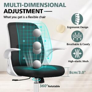 Winrise Office Chair Ergonomic Desk Chairs with Lumbar Support and Flip-up Arms, Comfortable Breathable Mesh Computer Executive Chair with Swivel Task, Adjustable Height 4'', Home, Bedroom - White