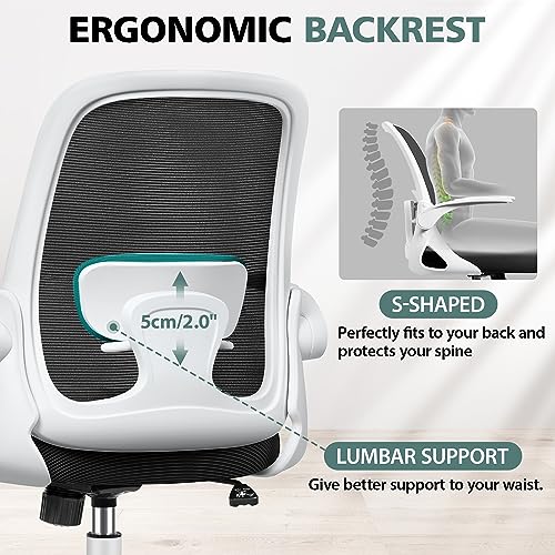 Winrise Office Chair Ergonomic Desk Chairs with Lumbar Support and Flip-up Arms, Comfortable Breathable Mesh Computer Executive Chair with Swivel Task, Adjustable Height 4'', Home, Bedroom - White