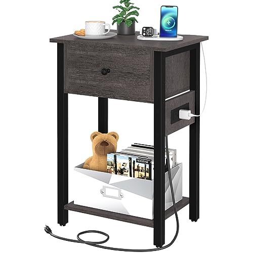 Yoobure Nightstand with Charging Station, Bedside Tables with Large Drawer and Storage Shelf, Bed Side Table/Night Stand with USB Ports & Outlets, Industrial Side Table End Table for Bedroom, Gray