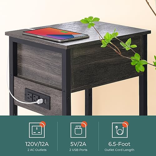 Yoobure Nightstand with Charging Station, Bedside Tables with Large Drawer and Storage Shelf, Bed Side Table/Night Stand with USB Ports & Outlets, Industrial Side Table End Table for Bedroom, Gray