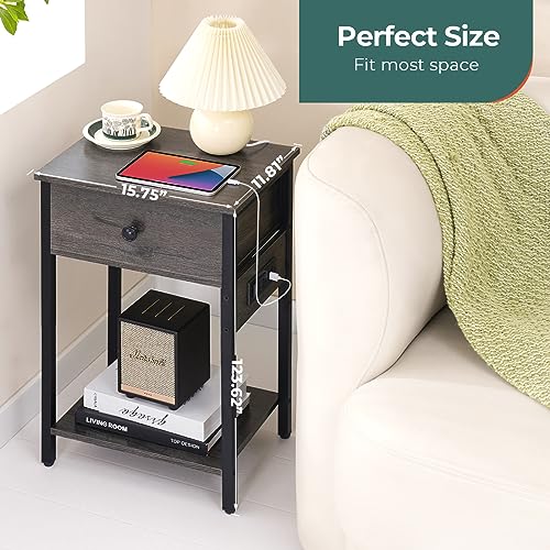 Yoobure Nightstand with Charging Station, Bedside Tables with Large Drawer and Storage Shelf, Bed Side Table/Night Stand with USB Ports & Outlets, Industrial Side Table End Table for Bedroom, Gray