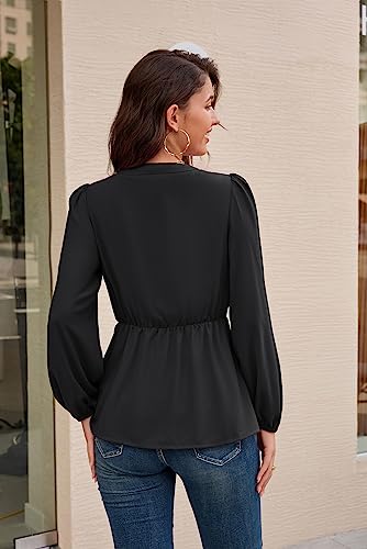 Black Peplum Tops for Women V Neck Tie Front Long Sleeve Shirts Tops Dressy L