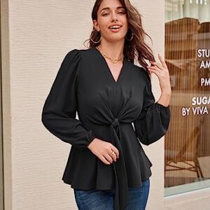 Black Peplum Tops for Women V Neck Tie Front Long Sleeve Shirts Tops Dressy L