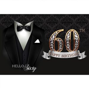 dorcev 5x3ft men 60th birthday party backdrop black gold diamonds bow tie white shirt suit tuxedo backdrop for birthday party hello sixty happy 60th birthday dinner party background banner props