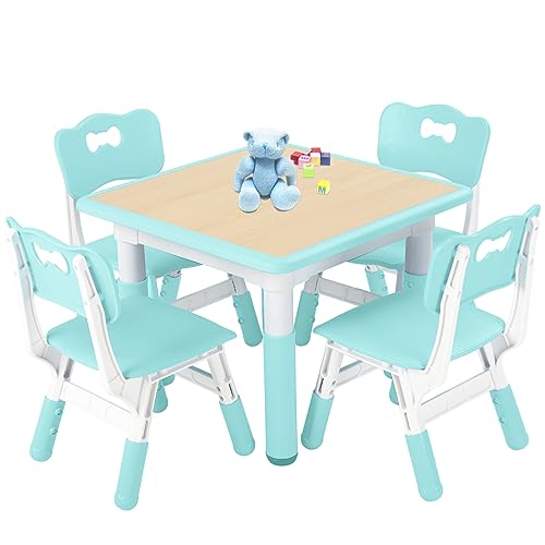 FUNLIO Kids Table and 4 Chairs Set, Height Adjustable Toddler Table and Chair Set for Ages 3-8, Easy to Wipe Arts & Crafts Table, for Classrooms/Daycares/Homes, CPC & CE Approved (5-Piece Set) - Green