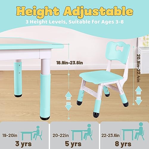 FUNLIO Kids Table and 4 Chairs Set, Height Adjustable Toddler Table and Chair Set for Ages 3-8, Easy to Wipe Arts & Crafts Table, for Classrooms/Daycares/Homes, CPC & CE Approved (5-Piece Set) - Green