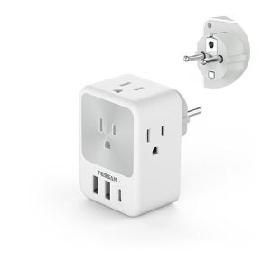 tessan germany france travel power adapter, schuko plug adaptor with 4 outlets 3 usb charger (1 usb c port), type e/f plug for us to european europe german french spain iceland portugal korea