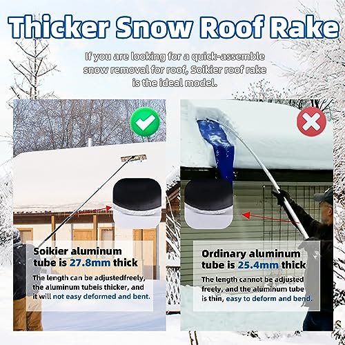 Soikier Thicken Snow Rake for House Roof with Wheels, 4.79" - 19.98" Extendable Aluminum Snow Roof Rake for Snow Removal, Anti-Slip Roof Rake Snow Removal Tool with 26" Blade & 5-Section Tubes