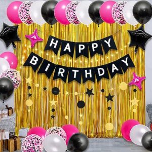 black and hot pink birthday decorations, happy birthday decorations,happy birthday banner with led light gold metallic tinsel foil fringe curtains stars confetti balloon birthday decorations for women girls boys men