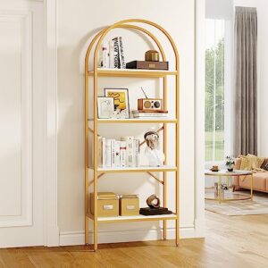 yitahome gold bookshelf and bookcase, 71.3” tall modern open arched book shelf, 4-tier freestanding storage display rack shelves for bedroom,living room,office,kitchen, white&gold